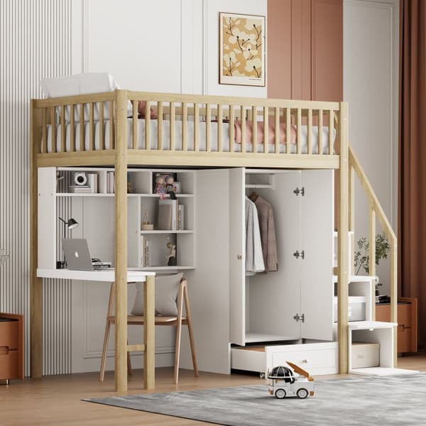 Mezzanin seng 90x200 cm - med garderobe og skrivebord - sengeramme i træ - Hvid