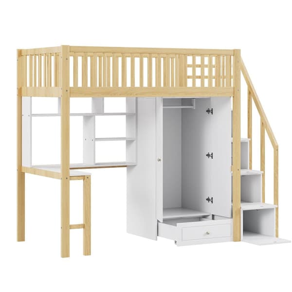 Mezzanin seng 90x200 cm - med garderobe og skrivebord - sengeramme i træ - Hvid