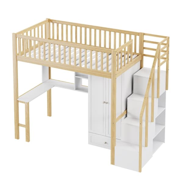 Mezzanin seng 90x200 cm - med garderobe og skrivebord - sengeramme i træ - Hvid