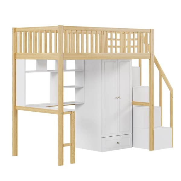 Mezzanin seng 90x200 cm - med garderobe og skrivebord - sengeramme i træ - Hvid