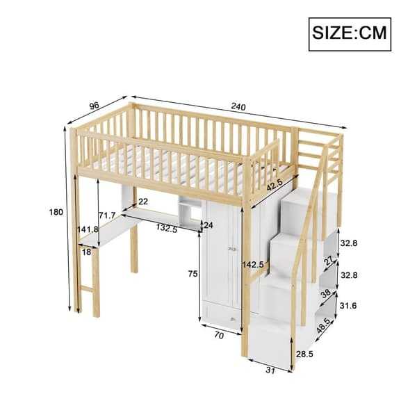 Mezzanin seng 90x200 cm - med garderobe og skrivebord - sengeramme i træ - Hvid