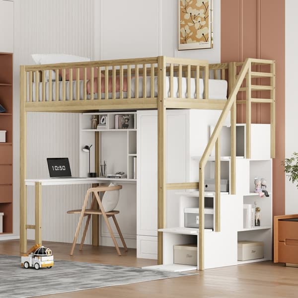 Mezzanin seng 90x200 cm - med garderobe og skrivebord - sengeramme i træ - Hvid