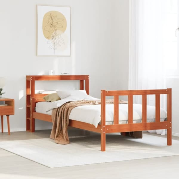 vidaXL sengeramme med sengegavl 75x190 cm massivt fyrretræ gyldenbrun