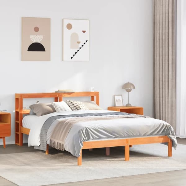 vidaXL Sängynrunko päädyllä vahanruskea 135x190 cm täysi mänty