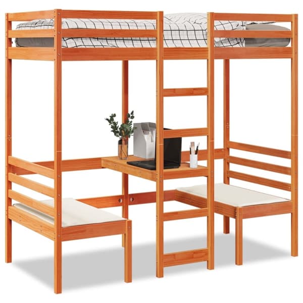 vidaXL højseng m. skrivebord og stole 90x200 cm massivt fyr gyldenbrun