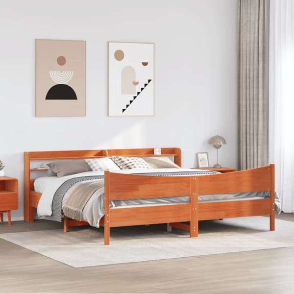 vidaXL Sängynrunko päädyllä vahanruskea 200x200 cm täysi mänty