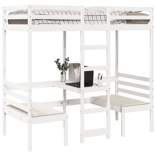 vidaXL Loftsäng med skrivbord&bänkar vit 80x200 cm massiv furu