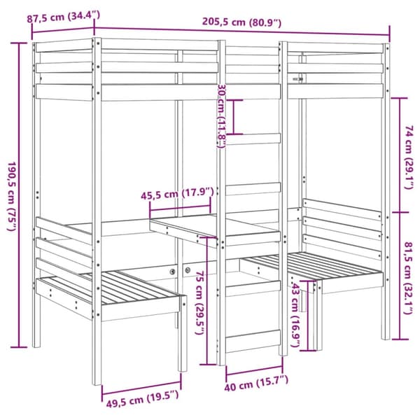 vidaXL Loftsäng med skrivbord&bänkar vit 80x200 cm massiv furu