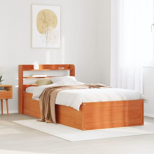 vidaXL Sängram med huvudgavel vaxbrun 90x190 cm massiv furu