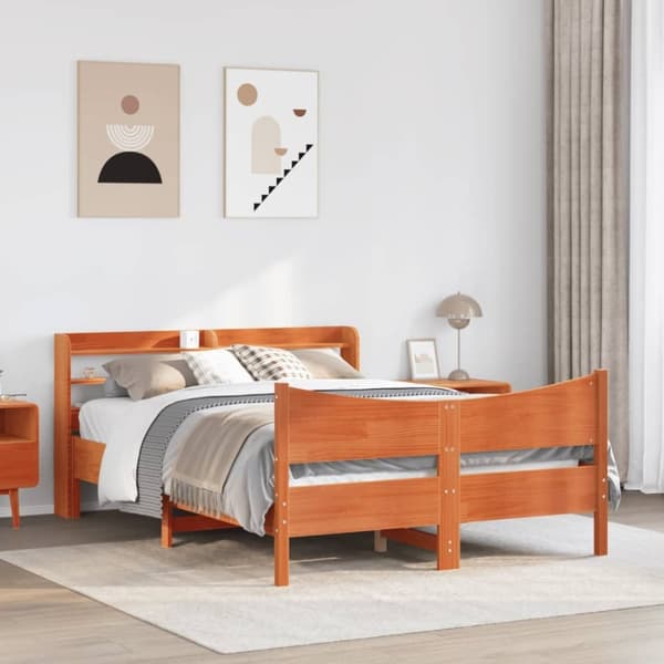vidaXL sengeramme med sengegavl 160x200 cm massivt fyrretræ gyldenbrun