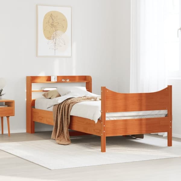 vidaXL sengeramme med sengegavl 90x200 cm massivt fyrretræ gyldenbrun