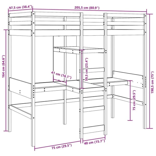 vidaXL Parvisänky pöydällä ja hyllyillä 90x200 cm täysi mänty
