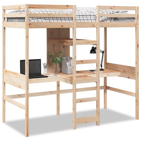 vidaXL Parvisänky pöydällä ja hyllyillä 90x200 cm täysi mänty