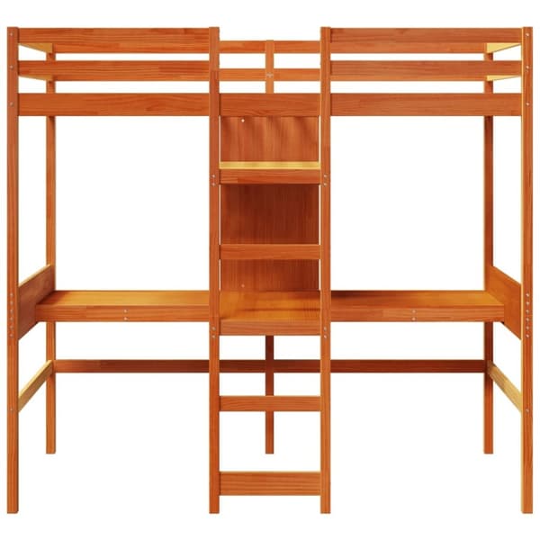 vidaXL Ramme loftseng skrivebord hyller voksbrun 90x200 cm heltre furu