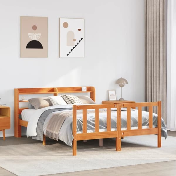 vidaXL Sängynrunko päädyllä vahanruskea 135x190 cm täysi mänty