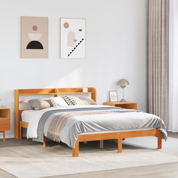 vidaXL sengeramme uden madras 140x190 cm massivt fyrretræ gyldenbrun