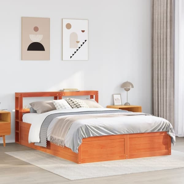vidaXL sengeramme med sengegavl 135x190 cm massivt fyrretræ gyldenbrun