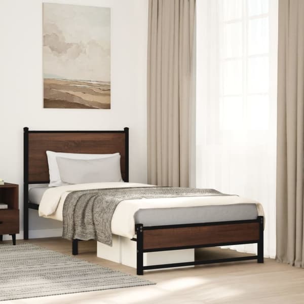 vidaXL Sängram utan madrass metall brun ek 90x200 cm