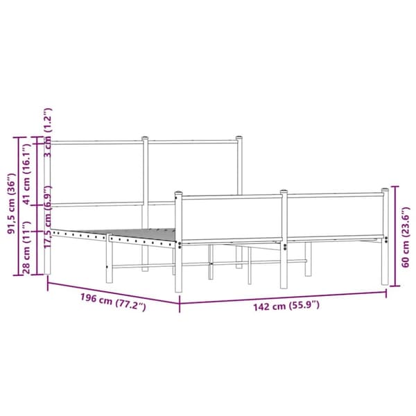 vidaXL sengeramme med sengegavl og fodgærde 137x190 cm metal røget eg