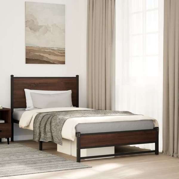 vidaXL Metallinen sängynrunko ilman patjaa ruskea tammi 100x190 cm