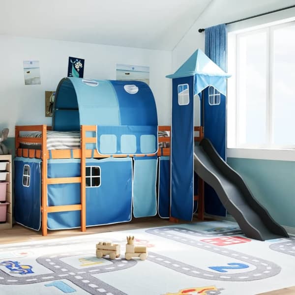 vidaXL Lasten parvisänky tornilla sininen 90x200 cm täysi mänty