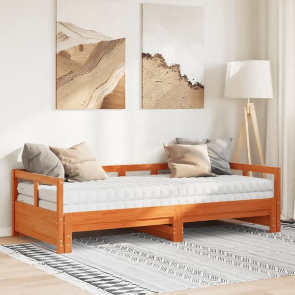 vidaXL daybed m. udtræk madrasser 90x200cm massivt fyrretræ gyldenbrun