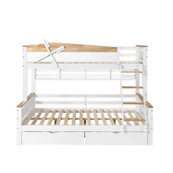 Våningssäng 90x200cm & 140x200cm - med stege, hyllor och 2 lådor - furu och MDF - vit