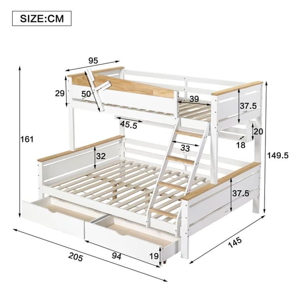 Våningssäng 90x200cm & 140x200cm - med stege, hyllor och 2 lådor - furu och MDF - vit