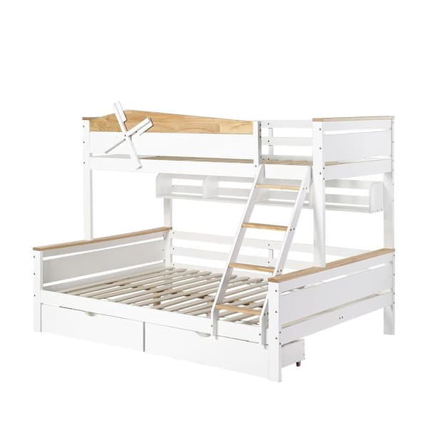 Våningssäng 90x200cm & 140x200cm - med stege, hyllor och 2 lådor - furu och MDF - vit
