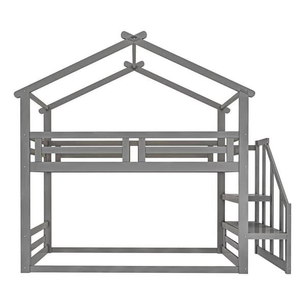 Køjeseng i massivt fyrretræ med trappe og lamelbund - 90 x 200 cm - grå