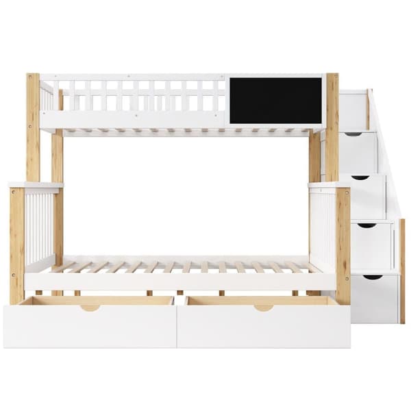 Massiv fyrretræ køjeseng med skuffer og opbevaringsstige - 90x200cm + 140x200cm - hvid