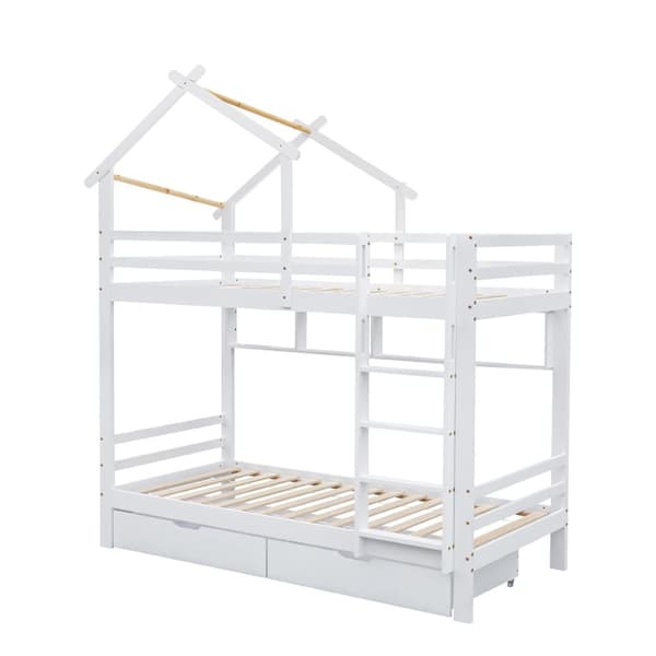 Cabane 90x200cm våningssäng i massiv furu med lådor och hyllor + bottenplatta - Vit