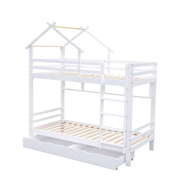 Cabane 90x200cm våningssäng i massiv furu med lådor och hyllor + bottenplatta - Vit