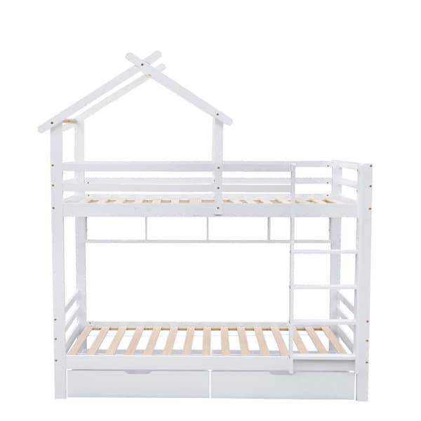 Cabane 90x200cm våningssäng i massiv furu med lådor och hyllor + bottenplatta - Vit