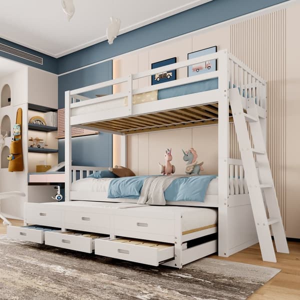 Våningssäng 90x200cm - med bäddsoffa och 3 lådor - massiv furu och MDF - Vit
