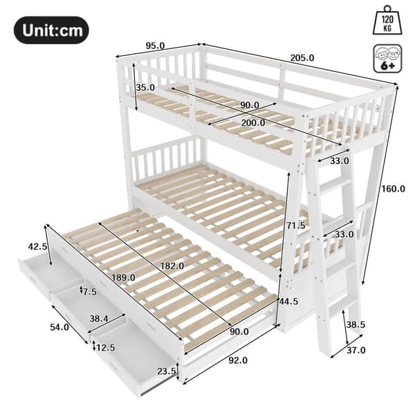 Våningssäng 90x200cm - med bäddsoffa och 3 lådor - massiv furu och MDF - Vit