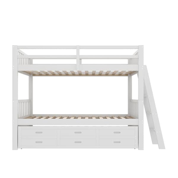 Våningssäng 90x200cm - med bäddsoffa och 3 lådor - massiv furu och MDF - Vit