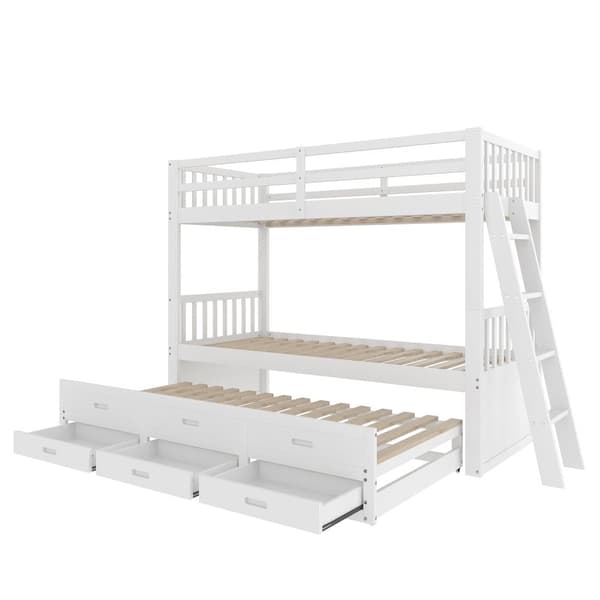 Våningssäng 90x200cm - med bäddsoffa och 3 lådor - massiv furu och MDF - Vit