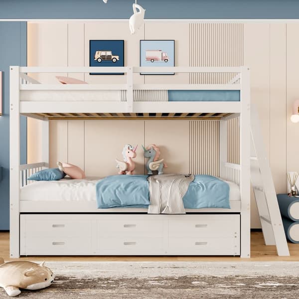Våningssäng 90x200cm - med bäddsoffa och 3 lådor - massiv furu och MDF - Vit
