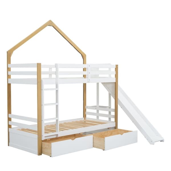 Våningssäng 90x200 cm - furu och MDF - med LED, 2 lådor, stege och glid - Vit