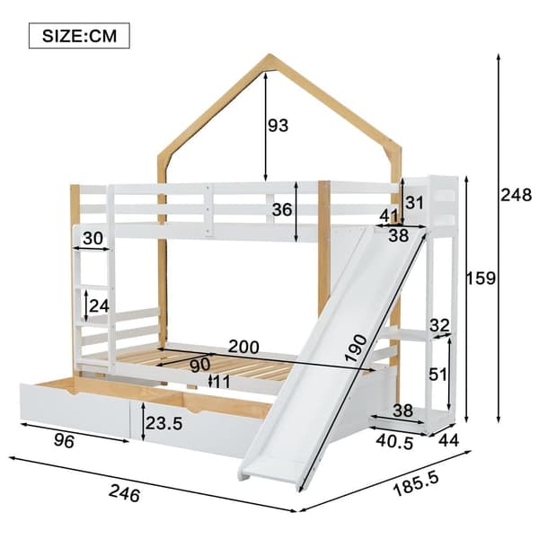 Våningssäng 90x200 cm - furu och MDF - med LED, 2 lådor, stege och glid - Vit