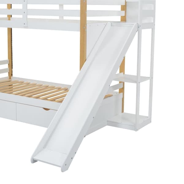 Våningssäng 90x200 cm - furu och MDF - med LED, 2 lådor, stege och glid - Vit