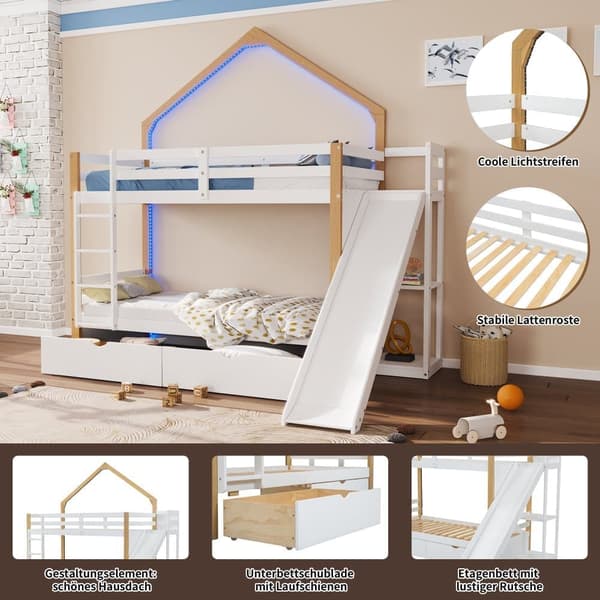 Våningssäng 90x200 cm - furu och MDF - med LED, 2 lådor, stege och glid - Vit