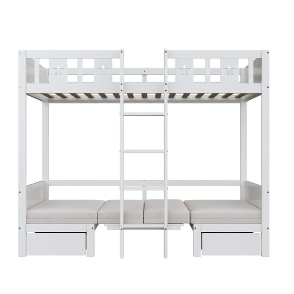 Køjeseng 90x200cm - et skrivebord, der kan laves om til en seng nedenunder - med 2 skuffer og stige - Hvid