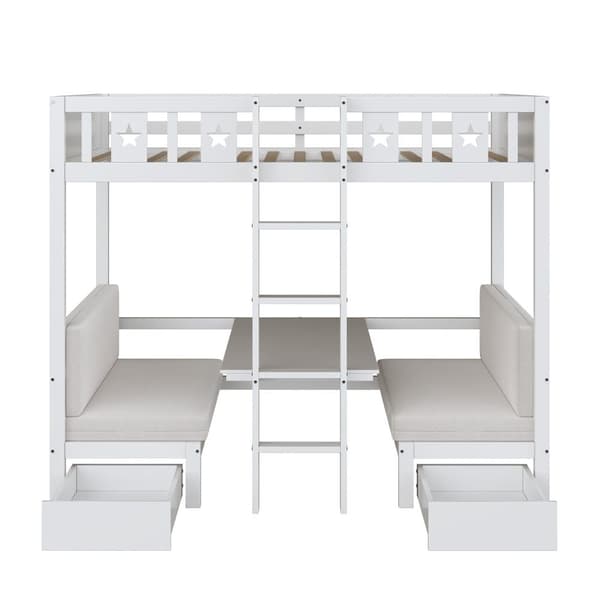 Køjeseng 90x200cm - et skrivebord, der kan laves om til en seng nedenunder - med 2 skuffer og stige - Hvid