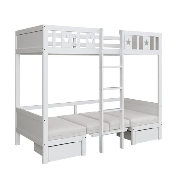 Køjeseng 90x200cm - et skrivebord, der kan laves om til en seng nedenunder - med 2 skuffer og stige - Hvid