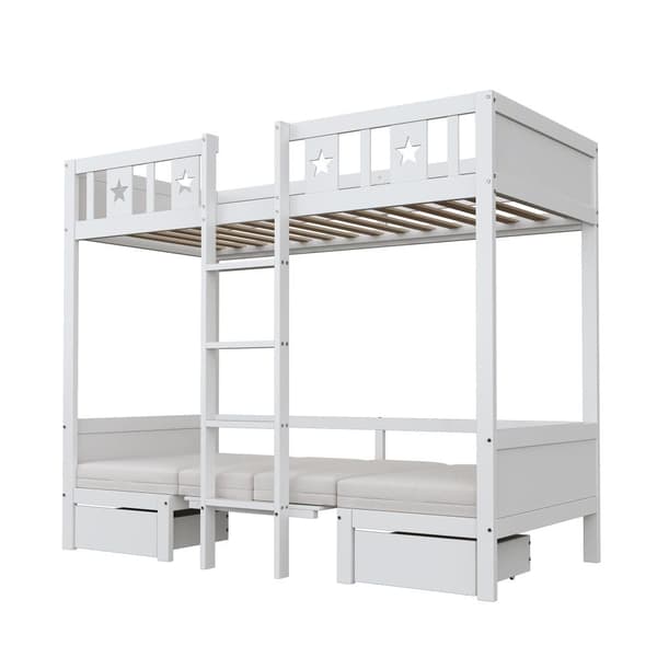 Køjeseng 90x200cm - et skrivebord, der kan laves om til en seng nedenunder - med 2 skuffer og stige - Hvid