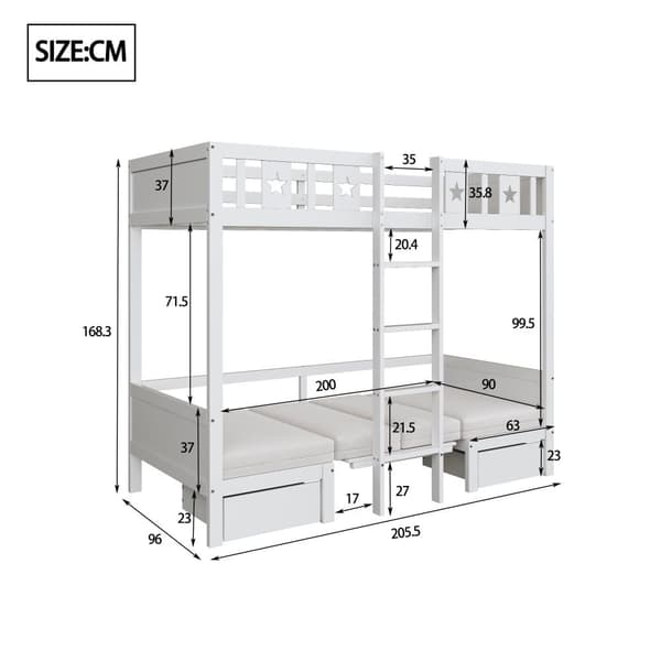 Køjeseng 90x200cm - et skrivebord, der kan laves om til en seng nedenunder - med 2 skuffer og stige - Hvid