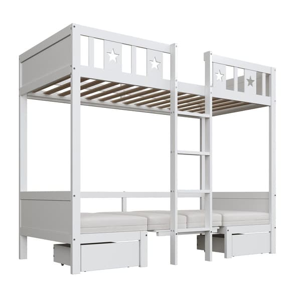 Køjeseng 90x200cm - et skrivebord, der kan laves om til en seng nedenunder - med 2 skuffer og stige - Hvid