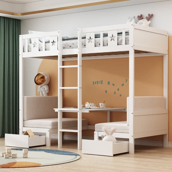 Køjeseng 90x200cm - et skrivebord, der kan laves om til en seng nedenunder - med 2 skuffer og stige - Hvid